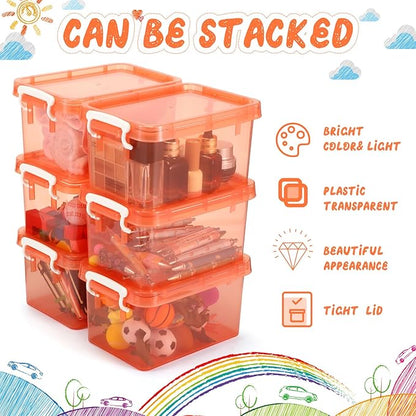 Wenqik 6 Pack Colorful Plastic Storage Bins with Lids 4 Quart Small Storage Latch Box Stackable and Nestable Clear Organizer Bins with Latching Handle and Buckle for Organizing(Orange)