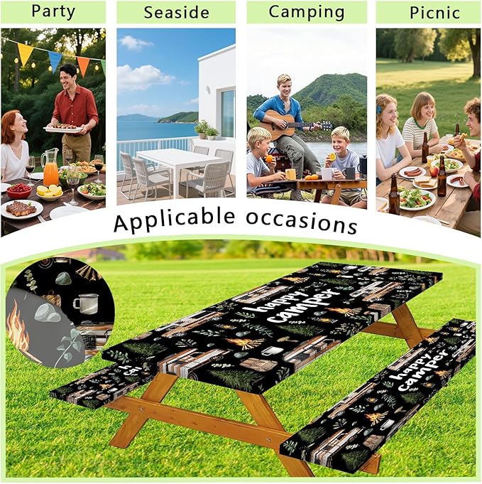 JAWO Picnic Table Cover with Bench Covers, Happy Camper Tablecloth,RV Plants Bonfire Black Rectangle Tablecloth for Indoor Outdoor Patio, 60x30 Inch