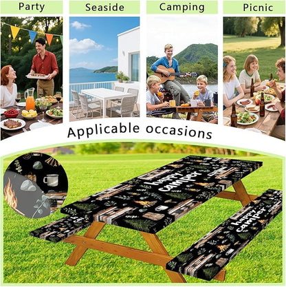 JAWO Picnic Table Cover with Bench Covers, Happy Camper Tablecloth,RV Plants Bonfire Black Rectangle Tablecloth for Indoor Outdoor Patio, 60x30 Inch