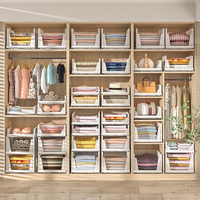 Clothes Organizers and Storage, 4 Packs Stackable Plastic Storage Basket for Closet, Stackable Plastic Storage Bins Storage Box Closet Shelf for Bathroom Kitchen Office, 4XL