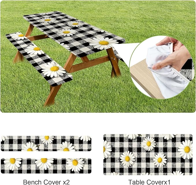 ANNA QUEEN 6FT Chrysanthemums Spring Picnic Table Cover with Bench Covers Picnic Table Cover Set 3PCS 72"x30", Waterproof Outdoor Bench and Tablecloth Furniture Protection for Camping Beach BBQ
