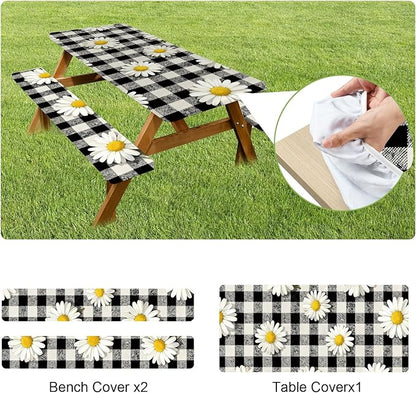ANNA QUEEN 6FT Chrysanthemums Spring Picnic Table Cover with Bench Covers Picnic Table Cover Set 3PCS 72"x30", Waterproof Outdoor Bench and Tablecloth Furniture Protection for Camping Beach BBQ