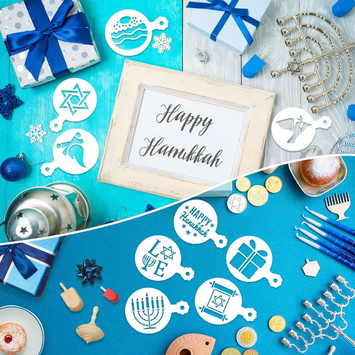 Julbear 36 Pcs Reusable Hanukkah Cake Cookie Stencils Dreidel Menorah for Cookies Coffee DIY Hanukkah Holiday Baking Painting Dessert Craft Decoration