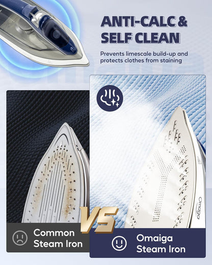 Steam Iron for clothes - 1750W Clothes Iron with Non-Stick Ceramic Soleplate, Powful Steam, 3-Way Auto-Off, Self-Cleaning, Anti-Calc, 13.52oz Water Tank Ironing Clothes for Home