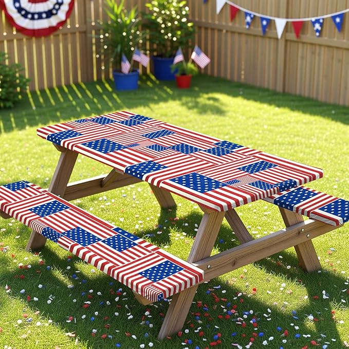 Picnic Table Cover with Bench Covers Windproof Waterproof Picnic Table Covers Camping Tablecloth with Self-Storage Bag, 72in, Multi Flag Patchwork