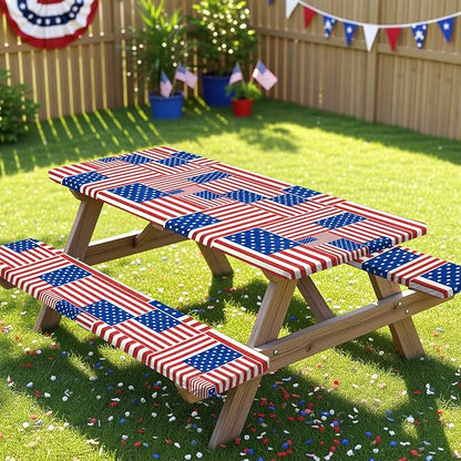 Picnic Table Cover with Bench Covers Windproof Waterproof Picnic Table Covers Camping Tablecloth with Self-Storage Bag, 72in, Multi Flag Patchwork