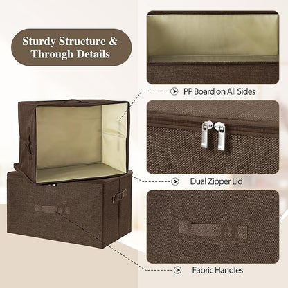 ANMINY Storage Bins with Zipper Lids 51.9 Qt Lidded Fabric Storage Boxes Baskets Cubes with Handles Collapsible Washable Cotton Linen Closet Shelf Clothes Organizer - Extra Large, Coffee