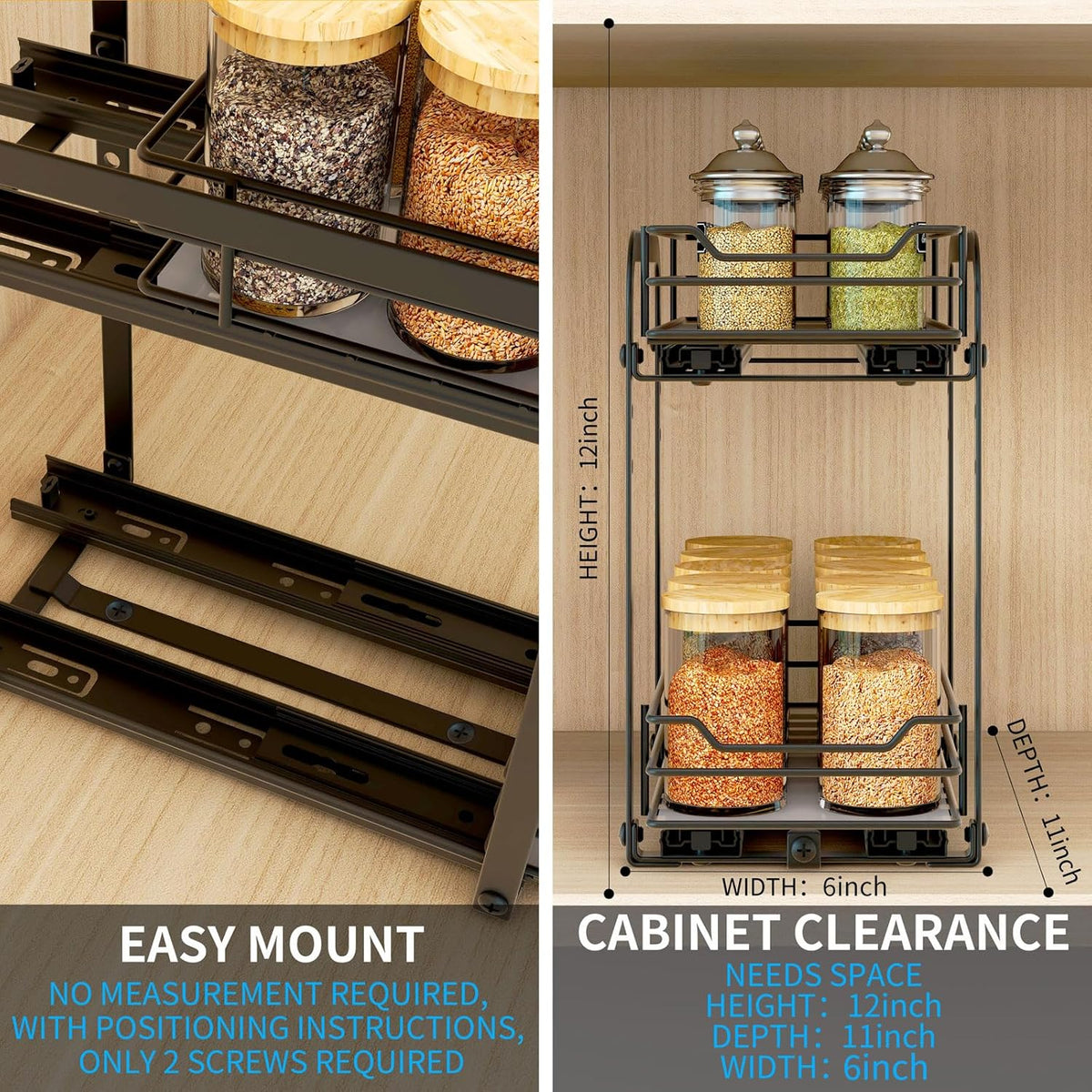 Spice Rack Organizer for Cabinet, 2 Tier Pull Out Spice Organizer for Cabinet Height Adjustable Heavy Duty Metal Basket for Inside Cabinets & Pantry Closet