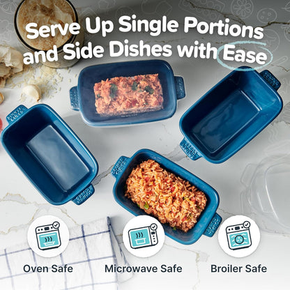 Souper Cubes Stoneware - Small Ceramic 5" x 3" Baking Dish with Silicone Covers, Small Baking Dishes for Oven Perfect for Reheating Single Serve Portions, Set of 4 - Blueberry