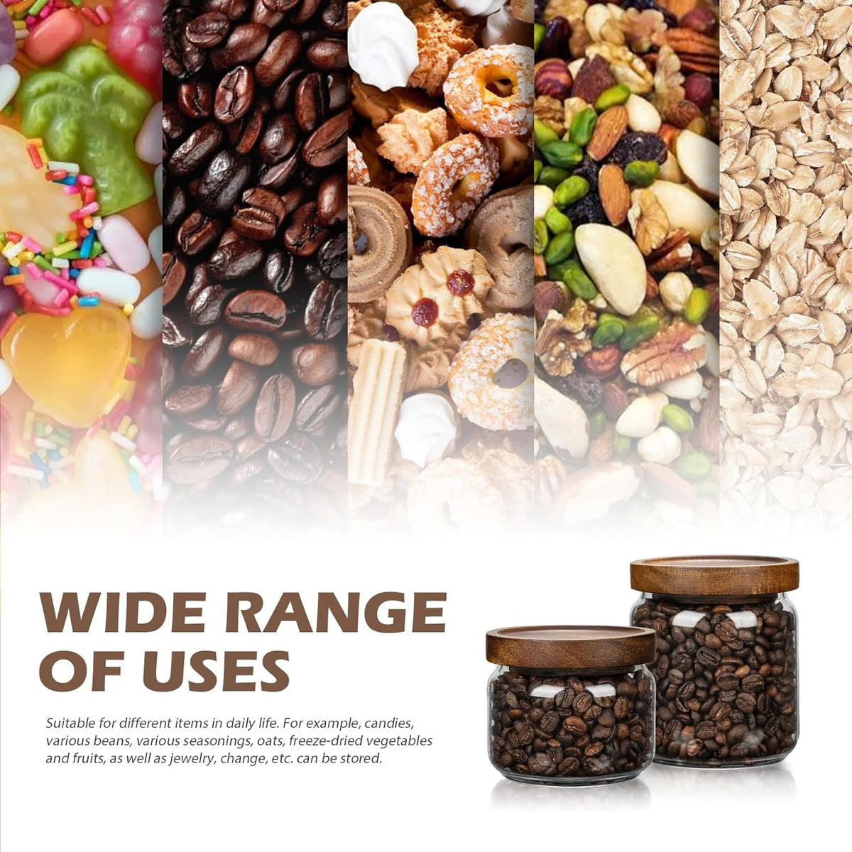 2PCS Small Glass Storage Jars with Airtight Lids, 17 fl oz (500ml) coffee container with Wooden Lid, Glass Pantry Canister for Beans, Rice, Sugar and etc
