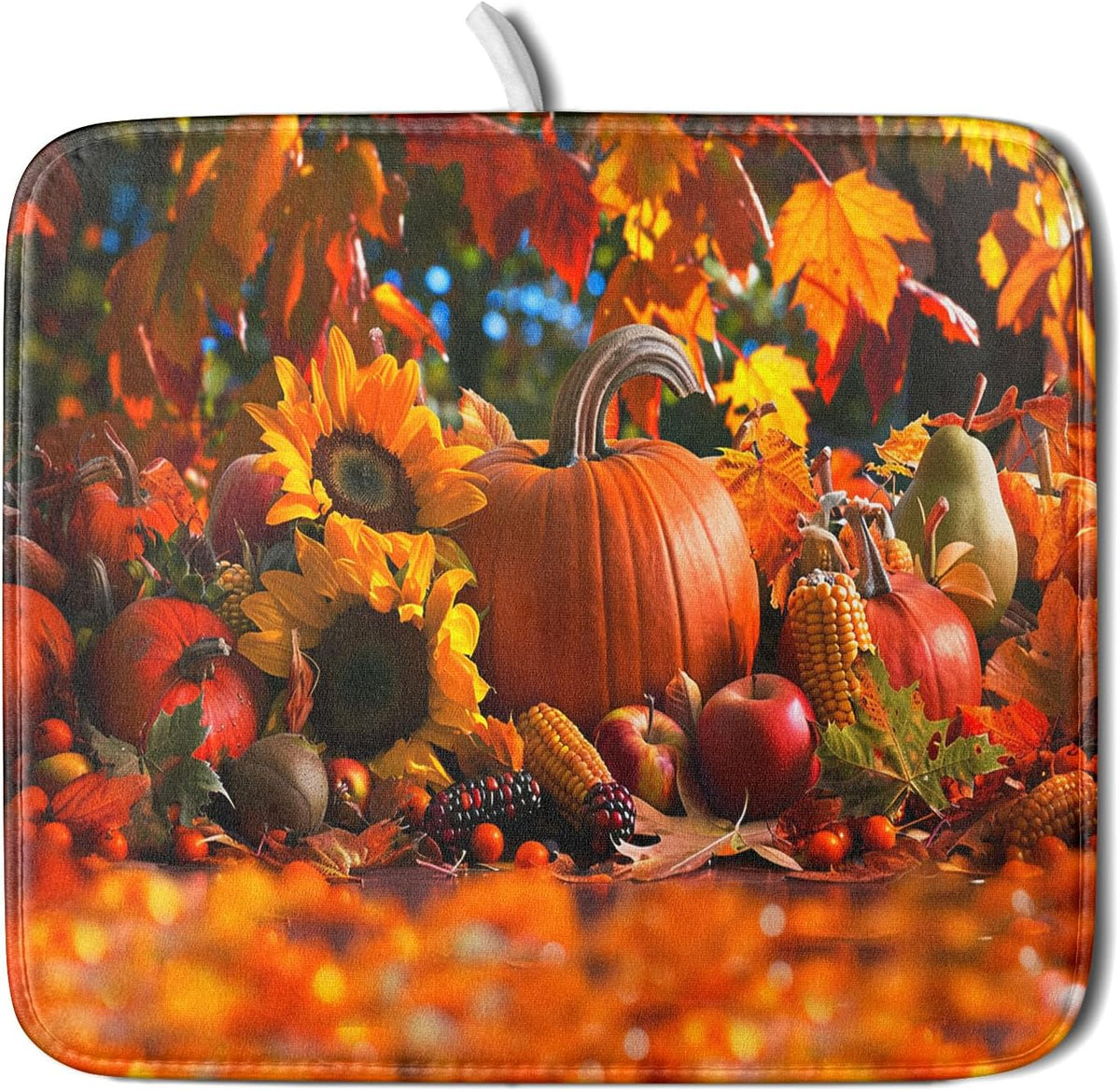 Fall Harvest Pumpkin Dish Drying Mat for Kitchen Counter,Thanksgiving Maple Leaves Sunflower Drying Mat 16 x 18 Inch with Absorbent Reversible