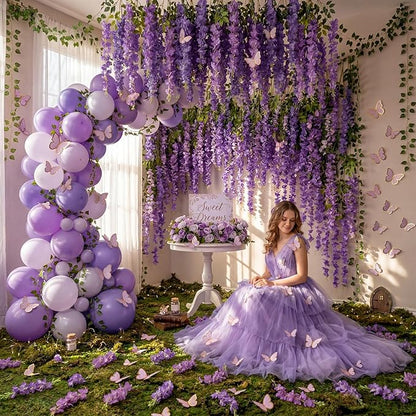 Canlierr 58 Pcs Fairy Party Garland Decoration Artificial Wisteria Hanging Flowers Garland 3.6 Feet Vine Rattan Ivy Greenery Butterfly Decor for Spring Home Garden Wedding Party (Purple)