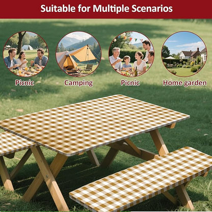6ft Picnic Table and Bench Cover, Camping Essentials RV Gear, 72 in Waterproof Windproof Outdoor Elastic All Around Tablecloth, Fitted Rectangle Tables and Seats, Coffee-White Checkered