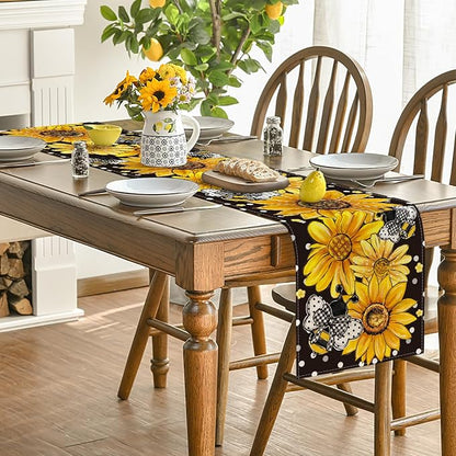 Artoid Mode Black Sunflower Bee Flower Polka Dot Summer Table Runner, Seasonal Kitchen Dining Table Decoration for Indoor Party Home 13x72 Inch