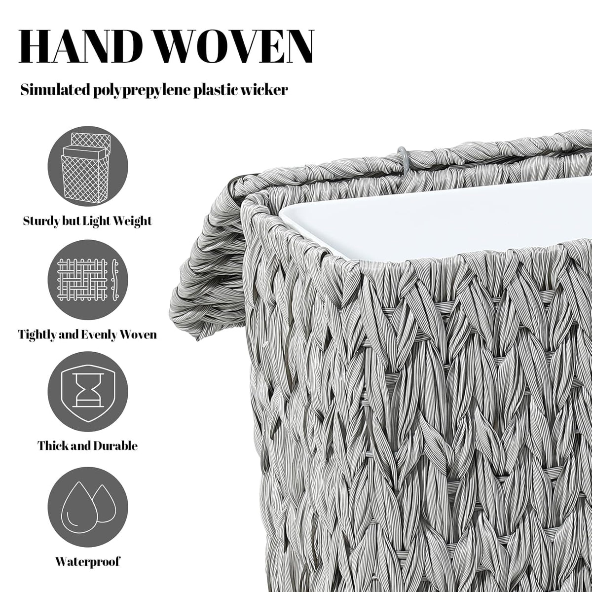 3 Gallon Wicker Trash Can,Grey Bathroom Trash Cans with Lid,Waterproof Slim Waste Basket for Bedroom,Home Office,Narrow Garbage Can with Removable Liner