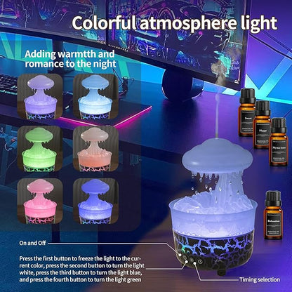 BOHOFAM Aroma Essential Oil Diffuser,Rain Cloud humidifier Simultaneously Water Drip and Air Mist,Rain Diffuser with 4 Hotel Collection Essential Oils for Home,Bedroom,Colorful Light(Black)