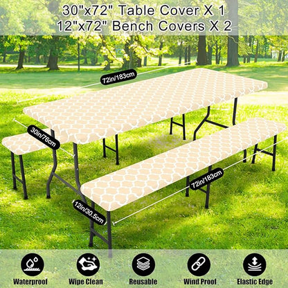 Smiry Picnic Table Cover with Bench Covers, Waterproof Elastic Fitted Tablecloth for 6 Foot Tables, Washable Polyester Tablecloths for Camping, Indoor & Outdoor (Beige, 30x72 Inch 3-pc Set)
