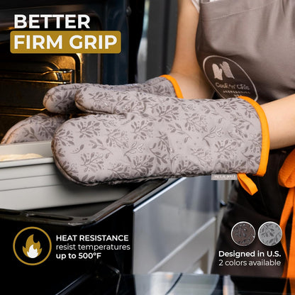 Premium Heat-Resistant Oven Mitts - Stylish and Beautiful - Non-Slip Platinum Silicone Grip - Long and Thick