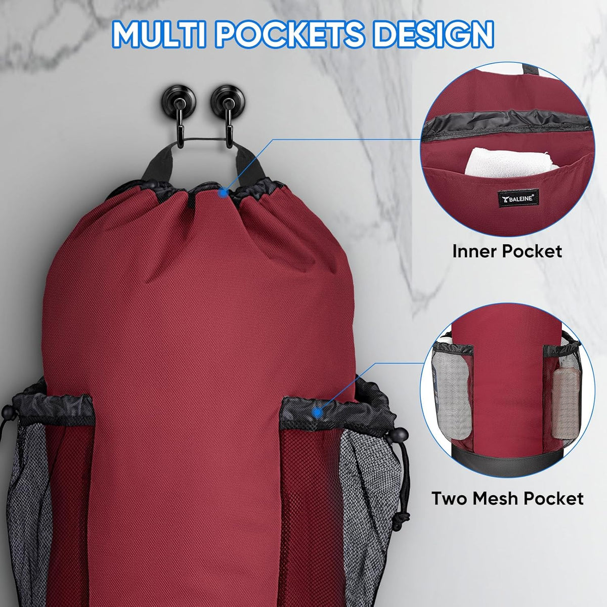 BALEINE 150L Laundry Bag Backpack, 900D Oxford Fabric Large Travel Laundry Bags with Shoulder Straps and 2 Mesh Pockets for College Dorm, Apartment, Laundromat (Red, 150L) ﻿