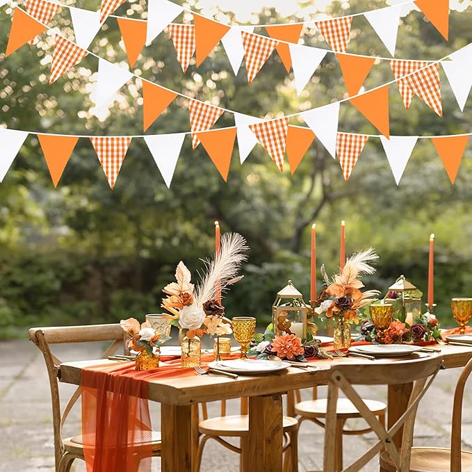32Ft Orange Party Decorations Orange Buffalo Plaid Checkered White Triangle Flag Gingham Pennant Bunting Fabric Garland Streamers for Fall Autumn Wedding Birthday Thanksgiving Picnic Garden Decor