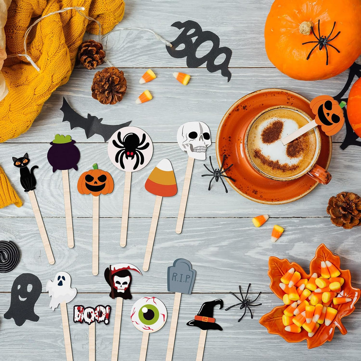 Jinei 120 Pcs Halloween Coffee Stirrers Stir Sticks Natural Wooden Stir Sticks Disposable Drink Stirrers for Stirring Hot Chocolate Milkshake