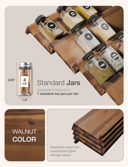 Tinamo 8-Pack Acacia Wooden Spice Drawer Organizer - Spice Organization for Cabinet, Seasoning Organizer for Cabinet - Organizador De Especias De Cocina - 64 Standard Jars, Multi-Tier (Walnut color)