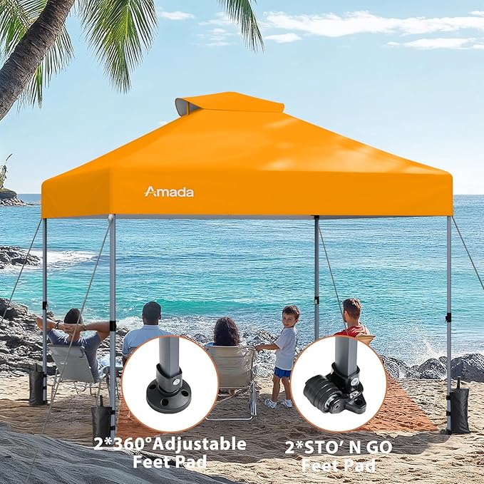 Amada 10x10 Pop Up Canopy - Center Lock One Push Instant Setup Wheeled Gazebo Outdoor Canopy Beach Tent with STO-N-Go Bag 8 Stakes & 4 Sand Bags, 3-Height Adjustable Shade Shelter (10x10ft, Orange)