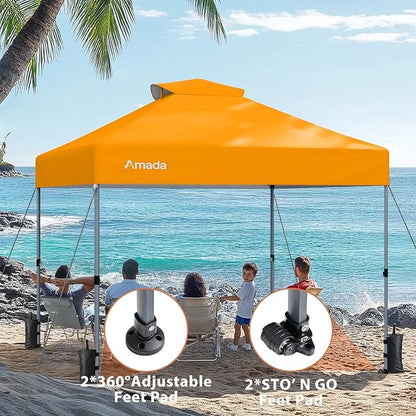 Amada 10x10 Pop Up Canopy - Center Lock One Push Instant Setup Wheeled Gazebo Outdoor Canopy Beach Tent with STO-N-Go Bag 8 Stakes & 4 Sand Bags, 3-Height Adjustable Shade Shelter (10x10ft, Orange)