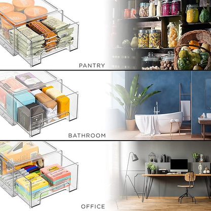 Sorbus Medium Clear Storage Drawers (2 Pack) – Stackable Organizer Drawers for Fridge, Pantry, Kitchen – Pull-Out Storage Bins with Handles, Slide Out Acrylic Drawers