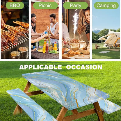 ANNA QUEEN 6FT Blue Marble Picnic Table Cover with Bench Covers Picnic Table Cover Set 3PCS 72"x30", Outdoor Bench and Tablecloth Furniture Protection