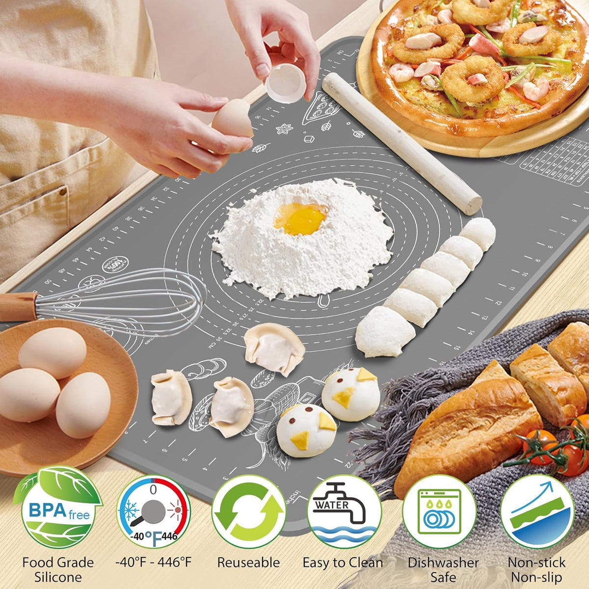 Silicone Baking Mat 24" x 16" Extra Thick Non-stick Pastry Mat with Measurements and Edge Heightening