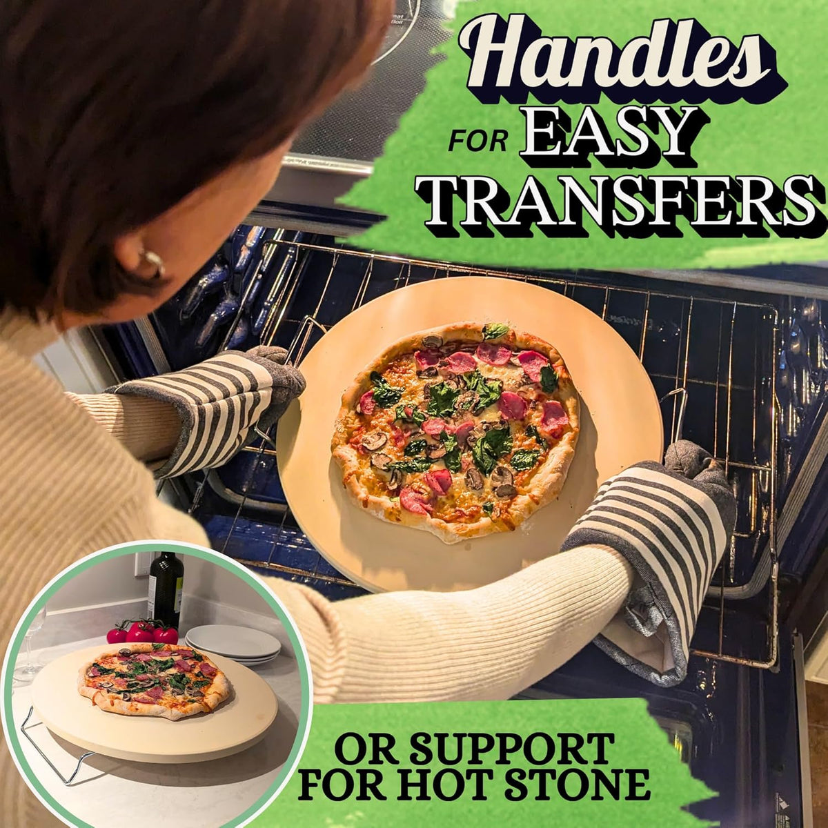 16 inch Round Pizza Stone for Oven - Large Pizza Stone for Grill with Handles and Dough Tool - Round Baking Stone for Bread
