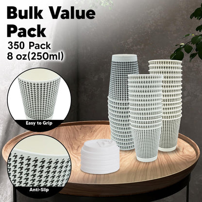 350 Pack 8 oz Insulated Disposable Coffee Cups with Lids, Double Wall Corrugated Paper Hot Cups Bulk To Go Disposable Cups for Hot Beverage or Cold