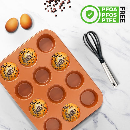 NutriChef 12-cup Copper Oven Muffin Pan, Non-Stick Coated Layer Surface, Even Heating Muffin Tray for Muffins, Cupcakes, Pastries & Mini Pies