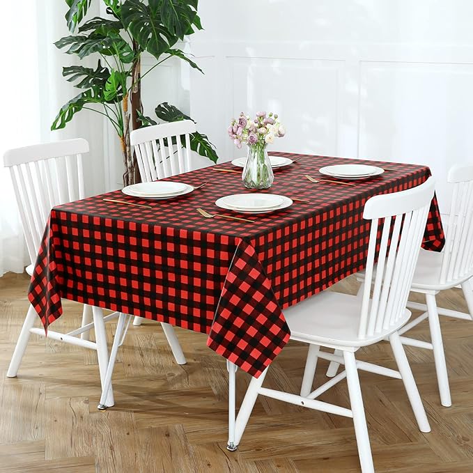 Romanstile Rectangle Vinyl Tablecloth, 100% Waterproof Buffalo Gingham Plastic Table Cloth, Heavy Duty Wipeable Checkered Table Covers for Outdoor, Camping, Picnic, Patio - 60 x 84, Black and Red