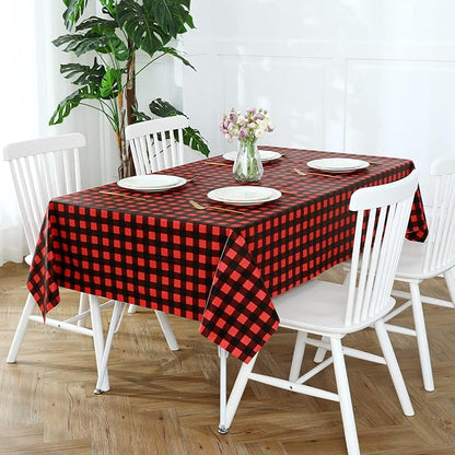Romanstile Rectangle Vinyl Tablecloth, 100% Waterproof Buffalo Gingham Plastic Table Cloth, Heavy Duty Wipeable Checkered Table Covers for Outdoor, Camping, Picnic, Patio - 54 x 120, Black and Red
