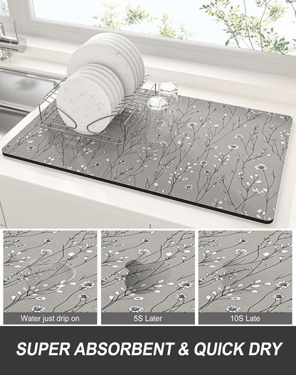Rnivvi Dish Drying Mat for Kitchen Counter, 12 x 19" Cute Flower Theme Super Absorbent Draining Pad, Non-Slip Heat Resistant Coffee Bar Mats for Coffee Machine Station Accessories, Grey Dish Rack Pad