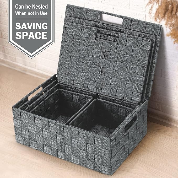Uvellgift Storage Bins with Lids, Woven Storage Box Organizer Containers Decorative Baskets Cube for Clothes Bedroom Closet Office (5 Pack, Grey)