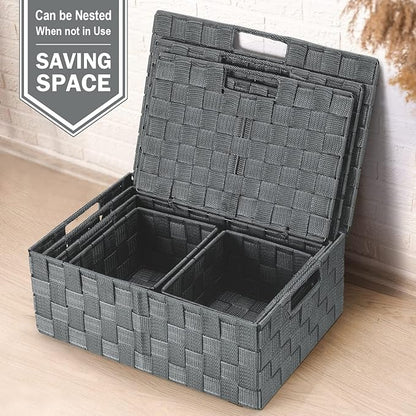 Uvellgift Storage Bins with Lids, Woven Storage Box Organizer Containers Decorative Baskets Cube for Clothes Bedroom Closet Office (5 Pack, Grey)