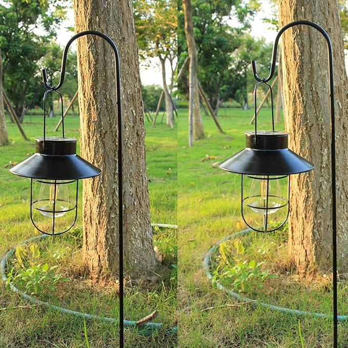 Solar Lantern 2pack Outdoor Hanging Light- Waterproof Vintage Metal Light with Shepherd Hook Decorative for Patio, Backyard, Porch, Yard (Black)