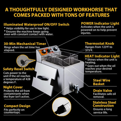 14 Qt. Electric Countertop Commercial Deep Fryer with 6.8 Qt. Basket, for Restaurant and Home - 120V, 1700W, Stainless Steel Build