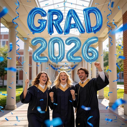 Blue Grad 2026 Balloons, 2026 Graduation Decorations Set Congrats Grad Foil Balloons Banner Sign for Class of 2026 Graduation Decorations College High School Prom Party Backdrop Supplies