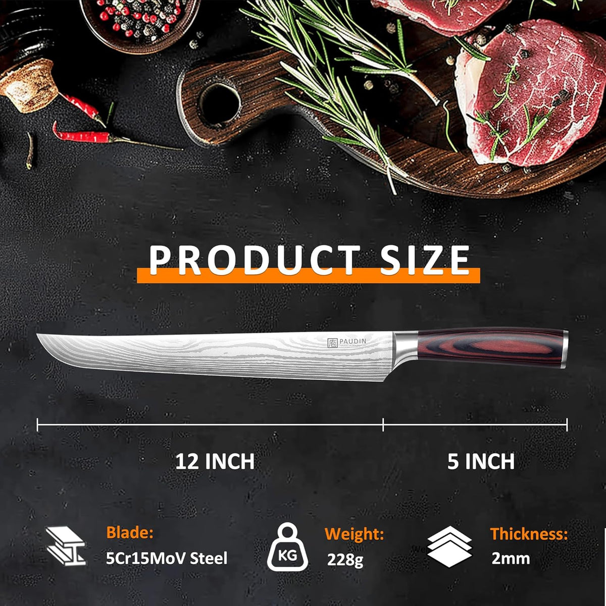 Paudin Carving Knife, 12 Inch Brisket Knife, Razor Sharp Edge Slicing Knife for Brisket Meat, Forged German High Carbon Stainless Steel