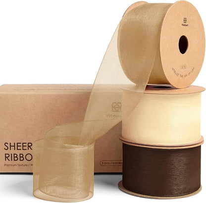 Vitalizart Organza Ribbon 1.5" x 30 Yd Champagne & Nude Sheer Ribbons for Gift Wrapping Crafts Christmas Wreaths Bows Party Decor Wedding Bouquet