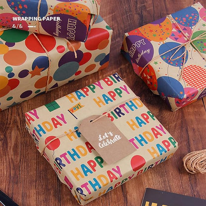 Birthday Wrapping Paper,Gift Wrapping Paper Roll,Kraft Wrapping Paper - 4 Roll 17 X 120 inch Per roll,Colorful Happy Birthday Pattern For Boys Girls Men Women, Perfect For Birthdays Party, Baby Shower