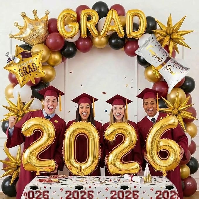 Maroon Themed Graduation Balloon Garland Arch Kit with foil Balloons for High School College students graduate class of 2026 Prom Congrats Party Decorations Backdrop (Burgundy black white gold)