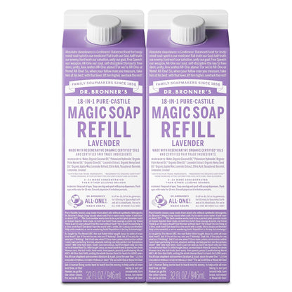 Dr. Bronner's Magic Soap-Pure-Castile Liquid Refill (Lavender, 32 ounce, 2-Pack) - Made with Regenerative Organic Certified Oils, For Body, Hair, Laundry, Pets & Dishes, Concentrated, Vegan, Non-GMO
