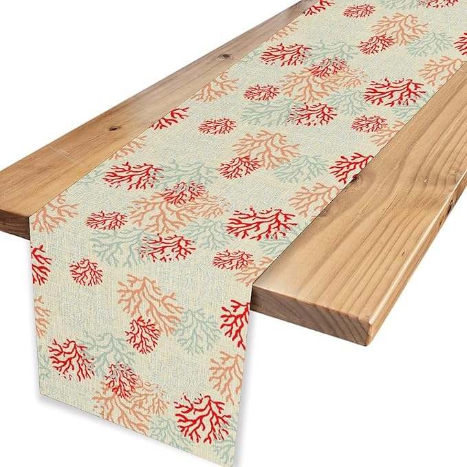 Coral Table Runner, Red Nautical Rustic Coastal Farmhouse Tropical Ocean Undersea Coffee Table Center Decor for Home Kitchen Dining Patio Holiday Party Table Decorations 13"x108"