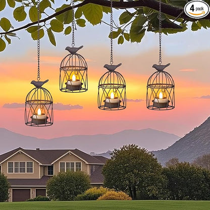 Solar Lanterns Outdoor Waterproof, Rust Iron Cage Candle Holder with Flickering Solar Powered Tea Lights, Hanging Solar Lights for Outside Tree Backyard Patio Garden Fence Decoration-4Pack