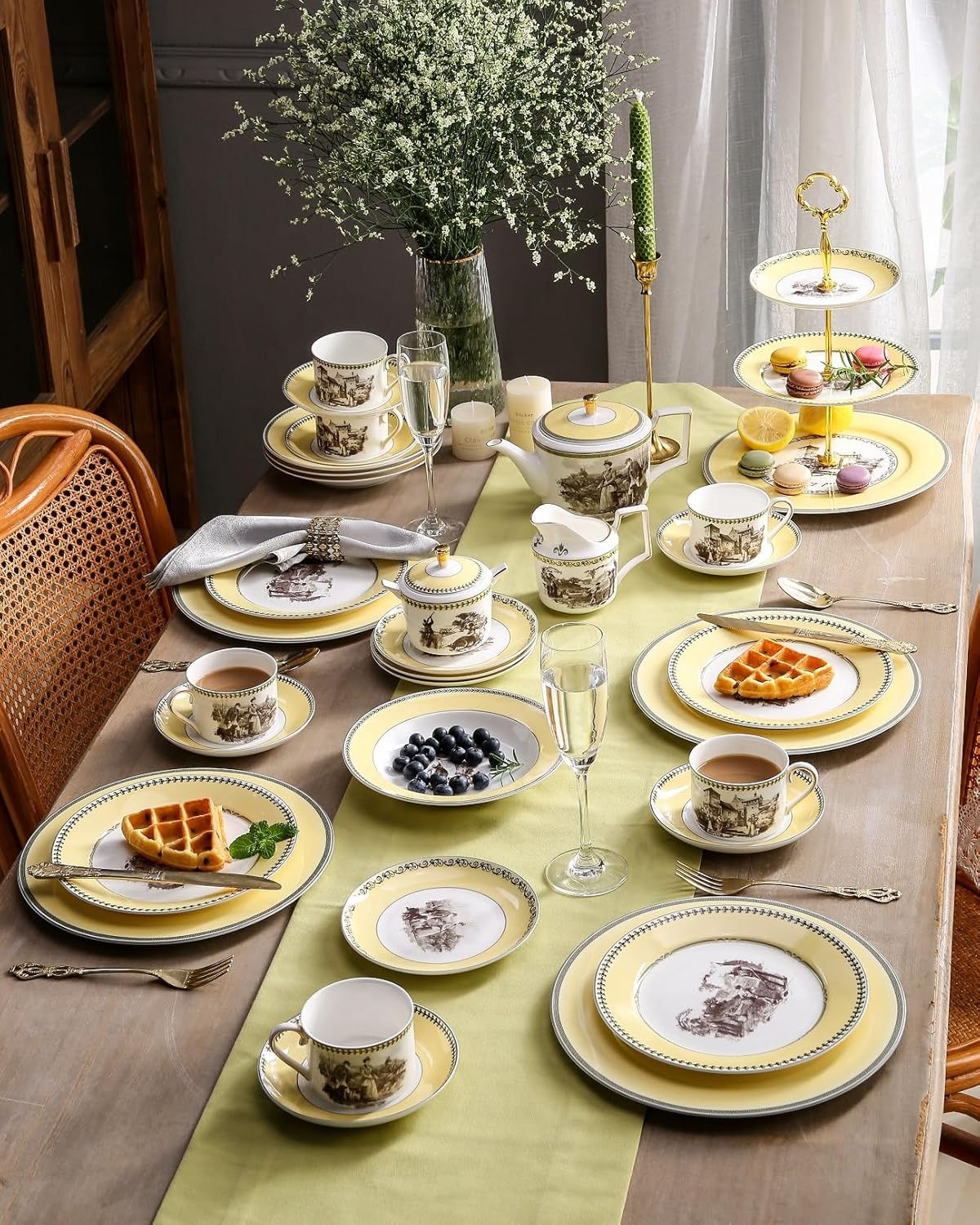 ACMLIFE Tea Set for Adults- Fine China Tea Set for 6, 21-Piece Vintage Coffee Set English Porcelain Tea Pot Sets for Adult Tea Party for Women Gift (Yellow, Extra Large 21)